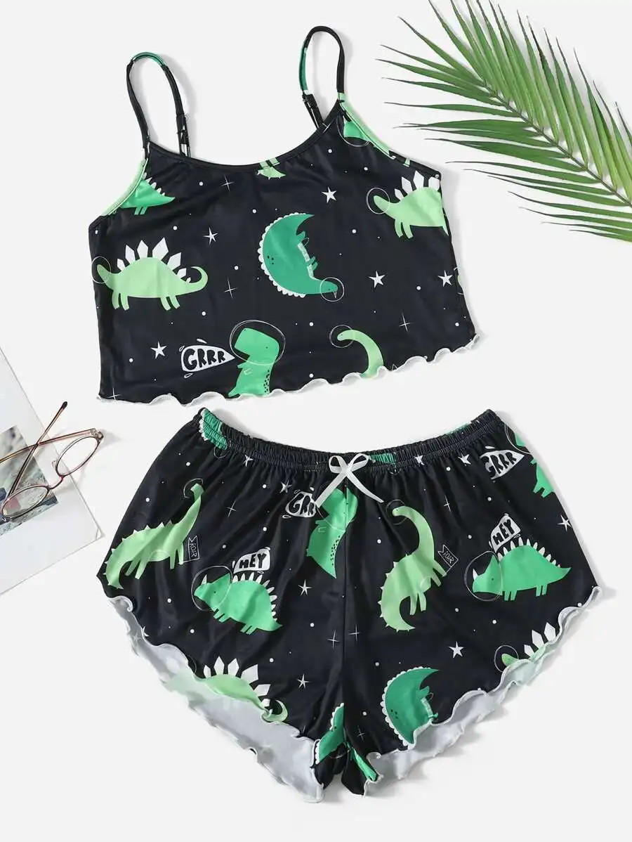 

Green Dinosaur Print Scallop Hem Cami & Shorts Pajama Set