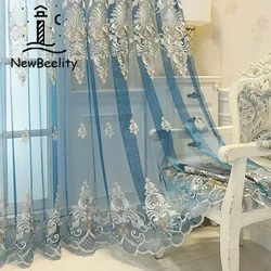 European Style Blue High-end Elegant Embroidery Tulle Custom Curtain for Dinning Living Room Bedroom Window Decor Drapes