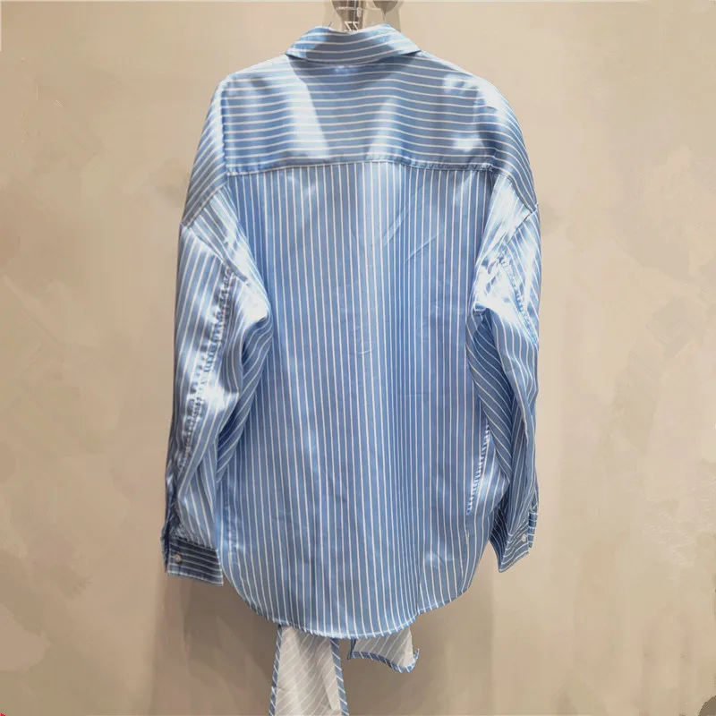 2024 Autumn New Bow Blue Striped Shirt Women High-Grade Korean Style Pocket Decoration Loose and Irregular Top Women Shirt