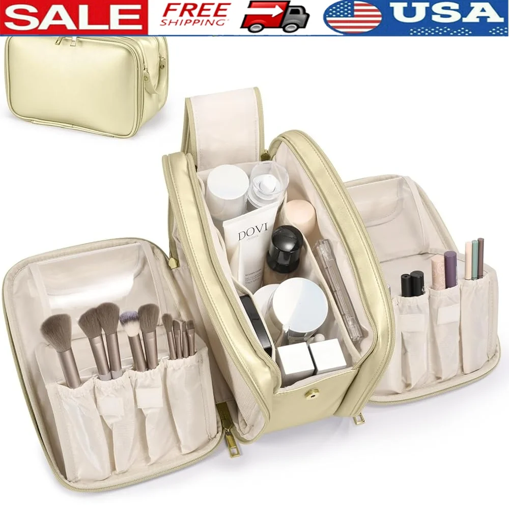 

Travel Makeup Bag Large Capacity Cosmetic Organizer Waterproof Toiletry Storage Vertical Design with Brush Holder Easy Access