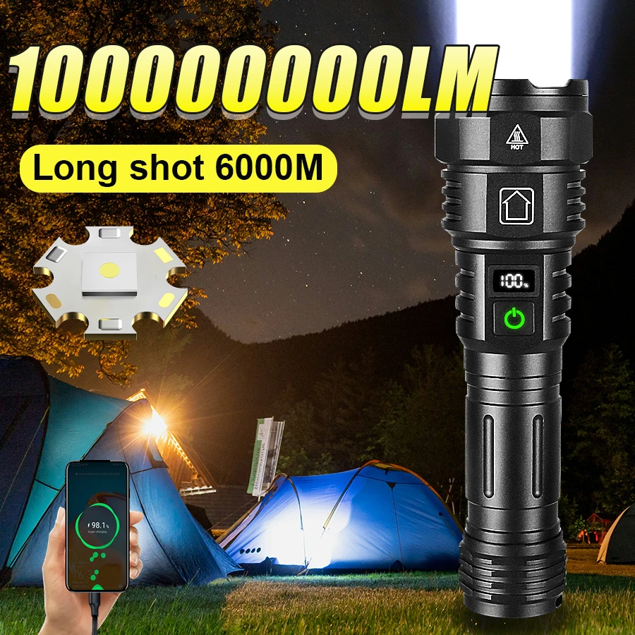 100000000LM Ultra Bright Flashlight Long Range 6000M Rechargeable LED Light Zoomable Torch Lamp Power Bank Outdoor Camping Light