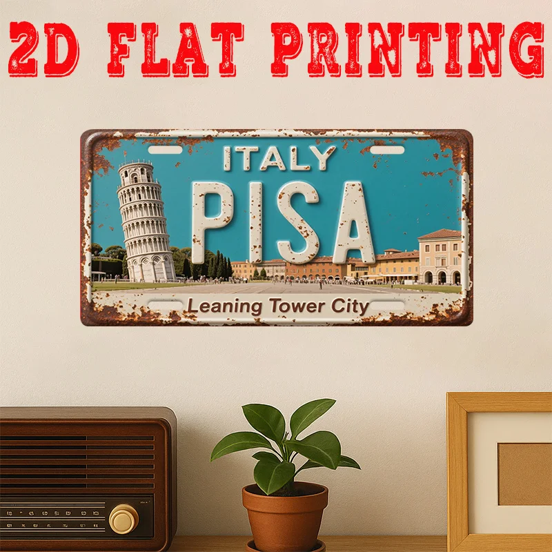 2D Flat, 1pc Vintage Leaning Tower of Pisa Metal Sign, Italian Landmark Wall Decor Suitable for Garage, Cafe, Bar, Home