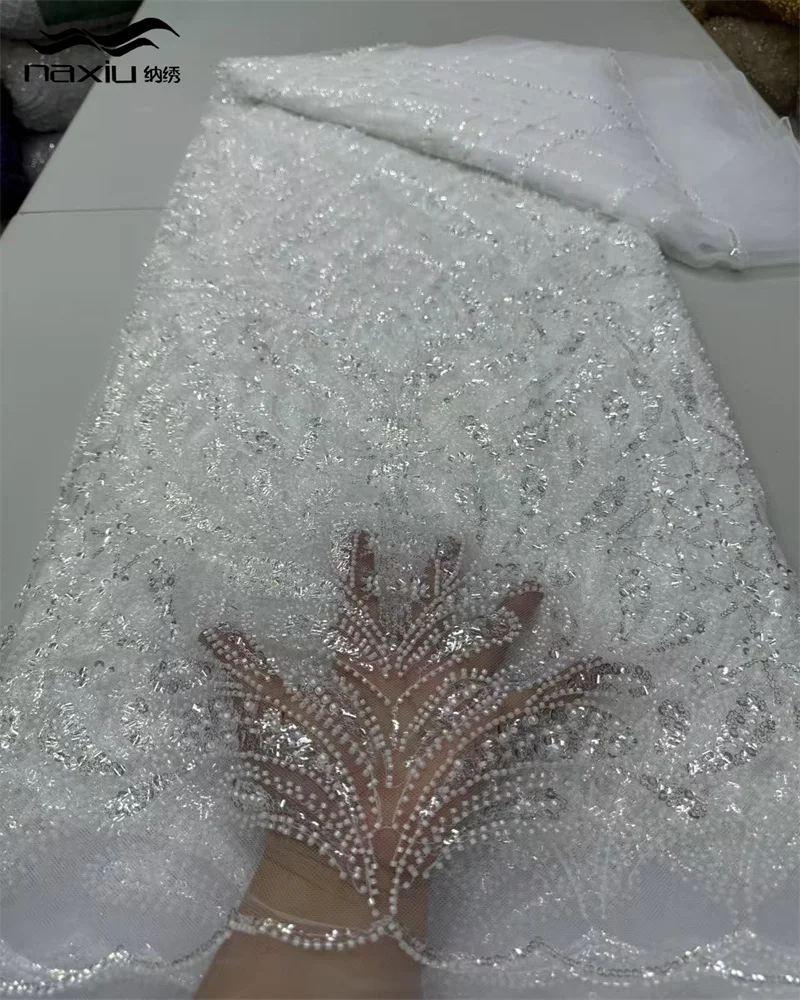 

Madison 2025 Luxury African Lace Fabric 5 Yards Sequins Lace Beaded Tulle Lace Fabric Embroidered Nigerian Fabric For Wedding
