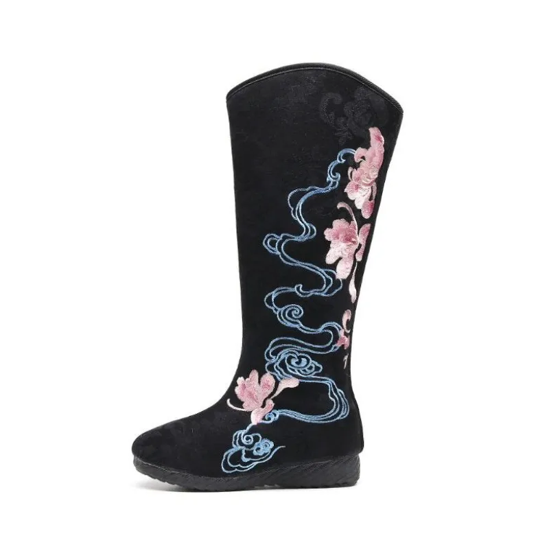 Women Round Toe Embroidered Winter Long Boots Chinese Ethnic Style Side Zip Mid-Calf Booties Ladies Autumn Spring Fashion Boot