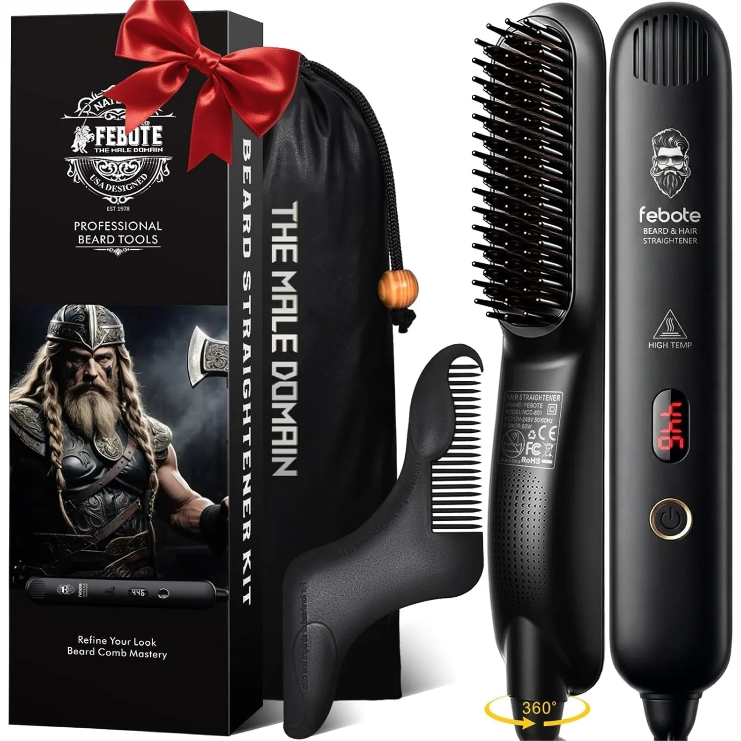 

Heated Ionic Hair Straightening Brush for Men with 5 Temperature Settings, Anti-Scald, Beard Shaper & Travel Bag