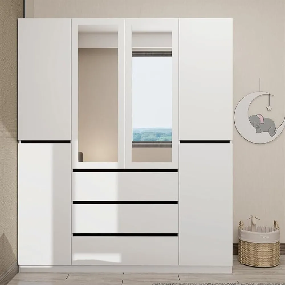 

6 Doors Armoire Wardrobe Closet, Wardrobe Closet with 3 Drawers, Freestanding Wood Wardrobes with 5 Hanging Rod and 2 Mirrors