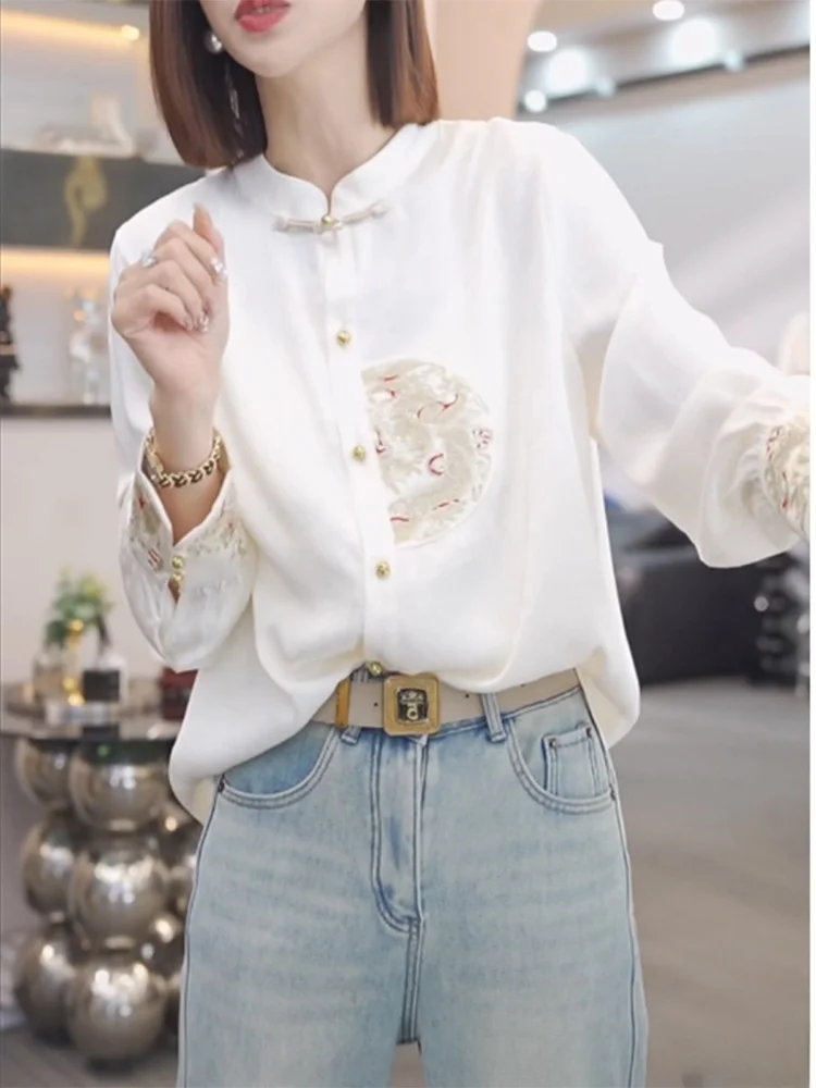

New Chinese Style Embroidered Button up Shirt Women's Spring Fashion Early Spring White Blouse Autumn Winter Straight Cut