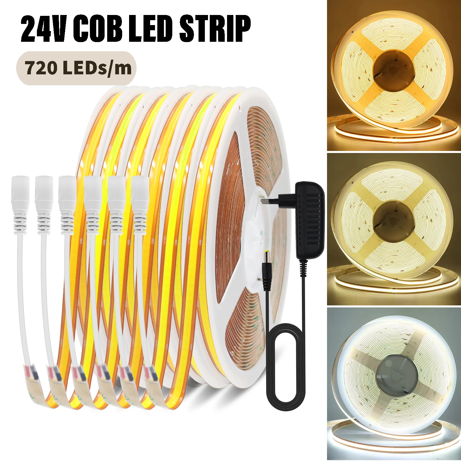 

High Brightness 24V COB LED Strip Light 720 LEDs/M Linear Lighting DIY Cut Freely Flexible Tape With Power Supply for Home Decor