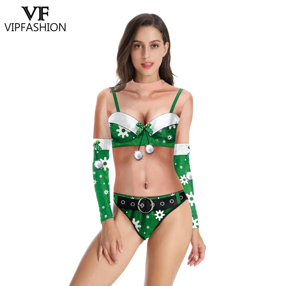 VIP FASHION Women Christmas Bodysuit Bikini Pattern Swimwear Xmas Zentai Suit Holiday Party Cosplay Costume Long Sleeve Swimwear