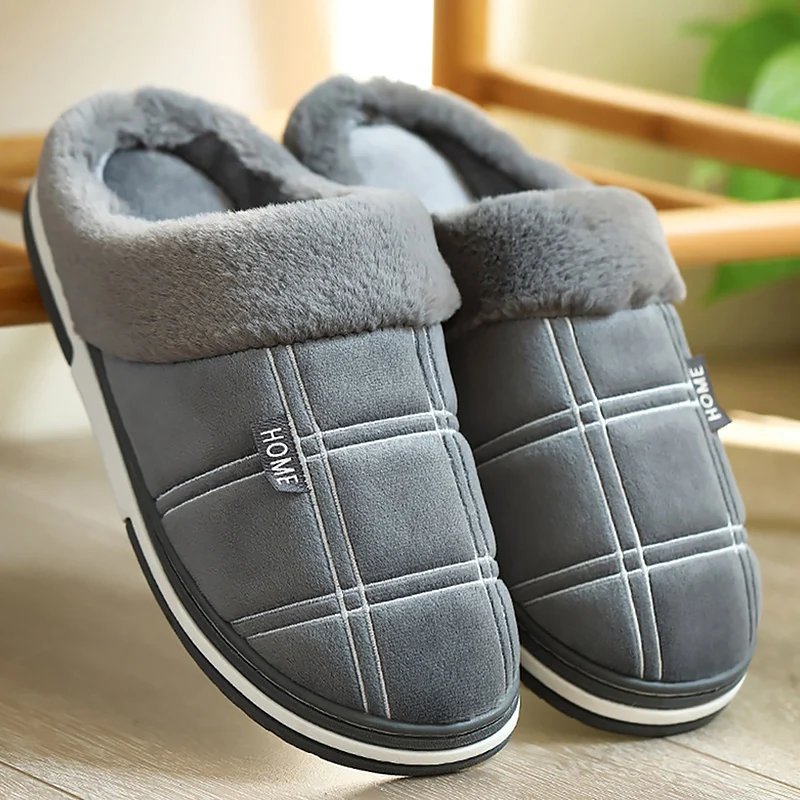 Zapatillas de casa cálidas para hombre, pantuflas de felpa corta de fondo grueso, cómodas y suaves, de interior, talla grande, nuevo estilo, Invierno