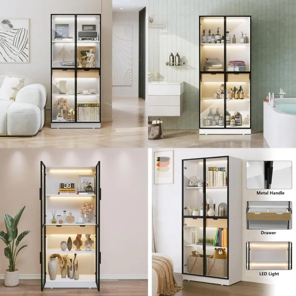 

Illuminated Tall Glass Door Display Cabinet with 4-Tier Curio Storage Shelves