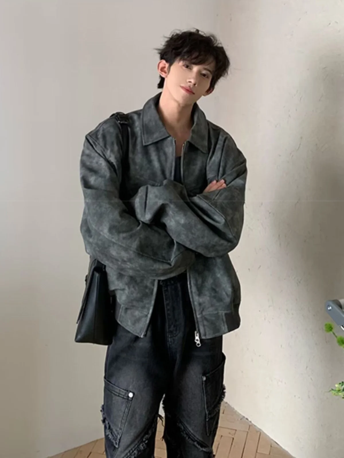 

Casual Vintage Men's Jaet Hip Hop Motorcycle Sle Leather Coat Loose Fit Youth Trend Spring Autumn Long Sve Turn-down C...