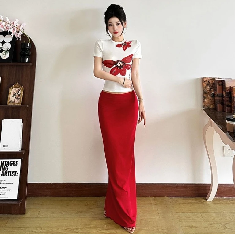 

Cute Island Resort Style Floral Print Short Sleeve T-Shirt Tight Red High-Waisted Bodycon Midi Skirt Matching Sets For Women