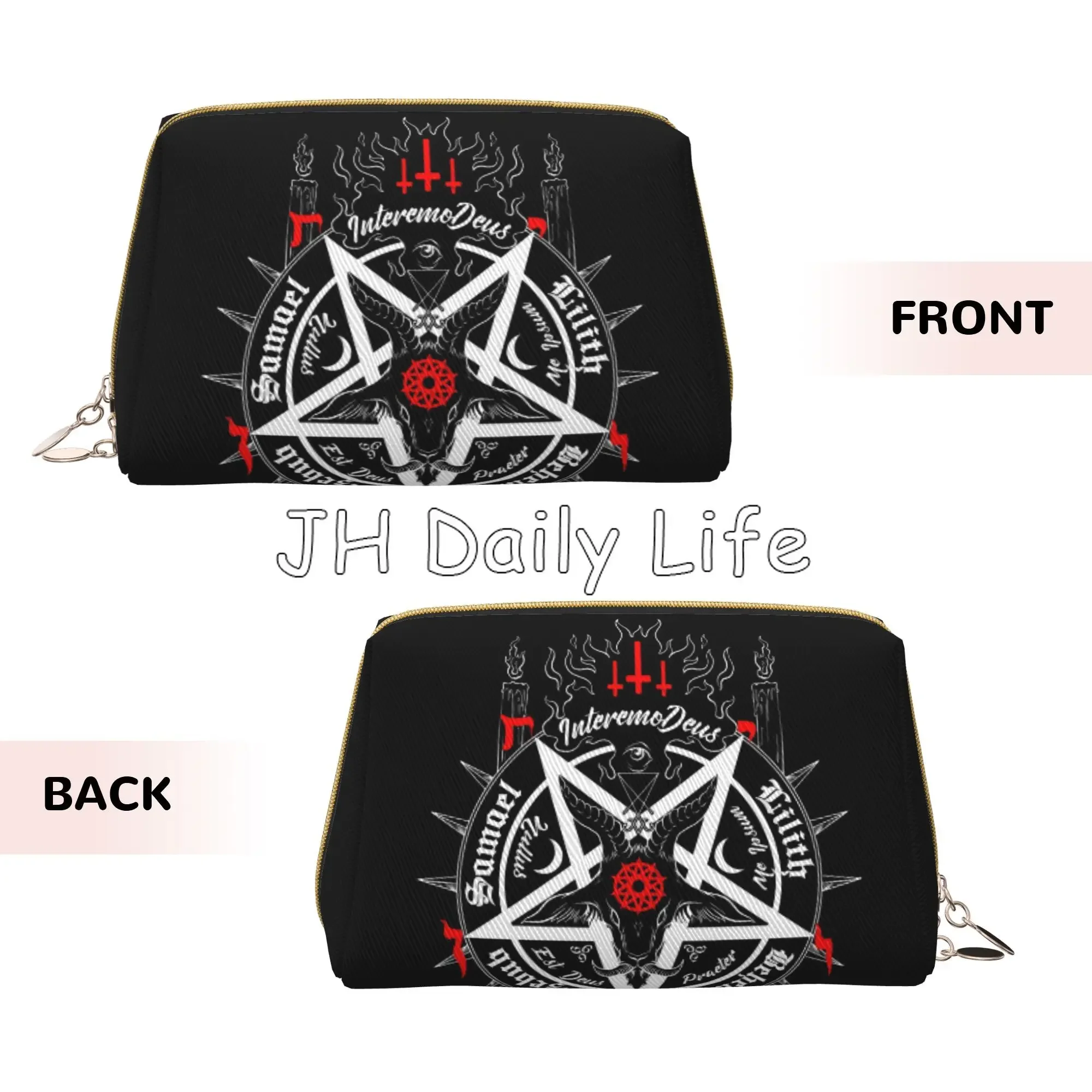 Black Baphomet Leviathan Print Leather Makeup Bag Mystical Devil Satanic Travel Storage Pouch Portable Toiletry Cosmetic Bag