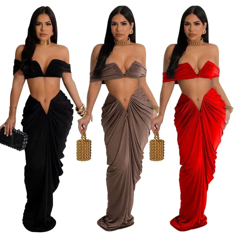 XIZOU Stacked Ruched Women\'s Set Off Shoulder Crop Top and Low Waist Maxi Long Skirts 2024 Sexy Party Two 2 Piece Sets Outfits