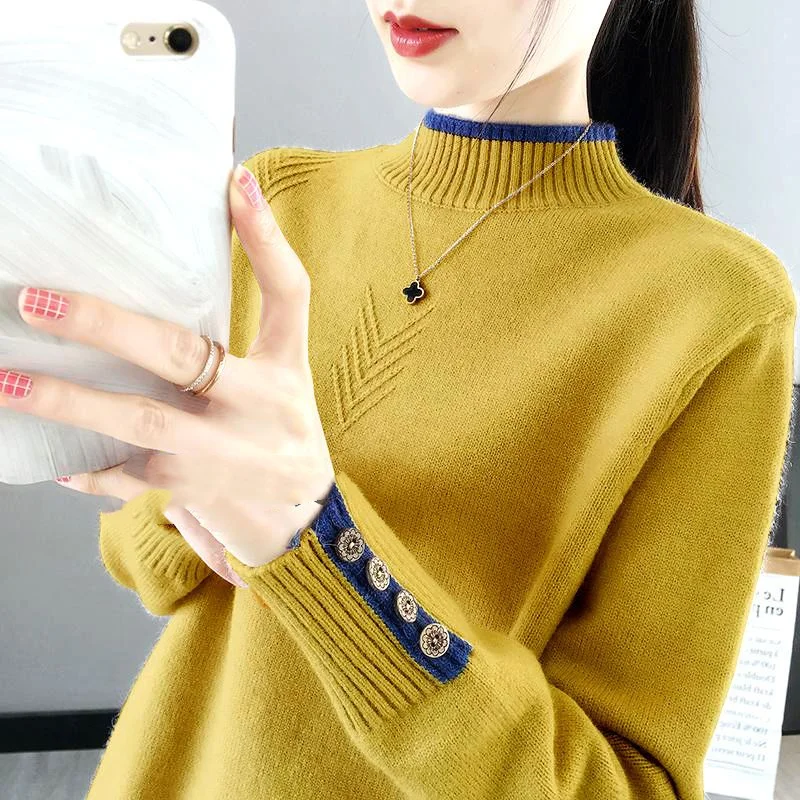 Autumn Winter New Women\'s Pullovers Color Block Half High Collar Button Fashion Loose Foreign Style Long Sleeve Sweaters Tops