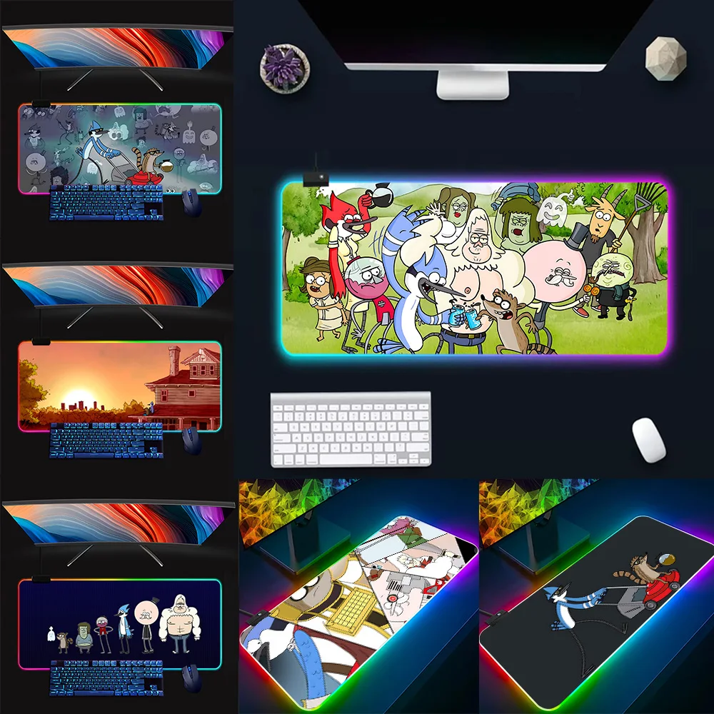 Cartoon R-Regular Show RGB Pc Gamer Keyboard Mouse Pad Mousepad LED Glowing Mouse Mats Rubber Gaming Computer Mausepad