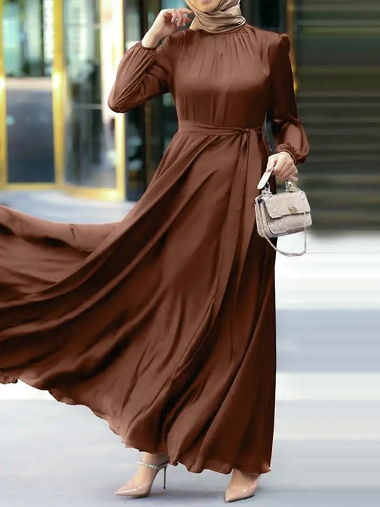 

ZANZEA Elegant Long Sleeve Maxi Dress Women Muslim Dresses Fashion Autumn Sundress Belted Robe Turkey Abaya Satin Party Vestidos