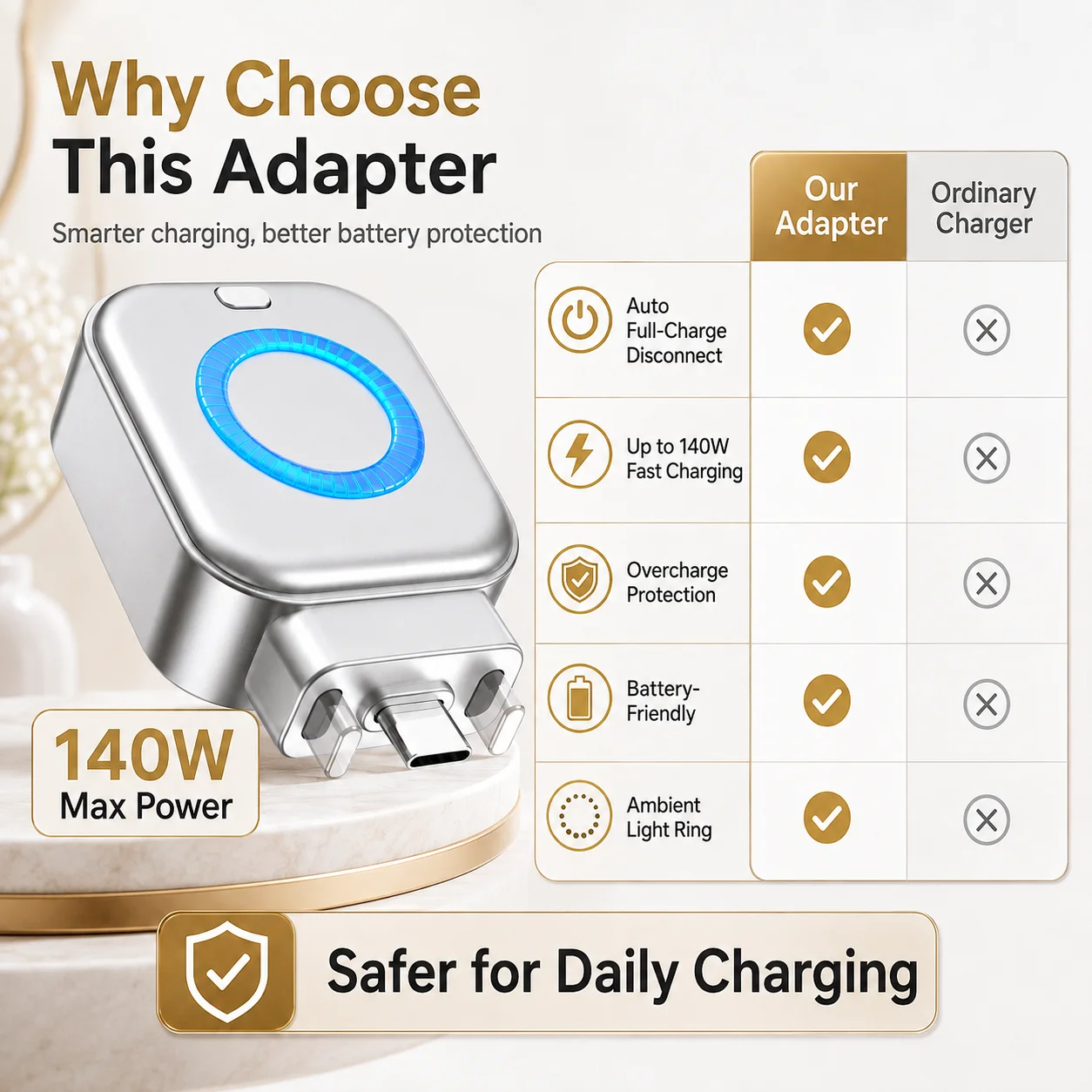 140W Type-C Full Charge Auto Disconnect Adapter USB-C Fast Charging Power Cut-Off Protector with Ambient Light for Phones Tablet