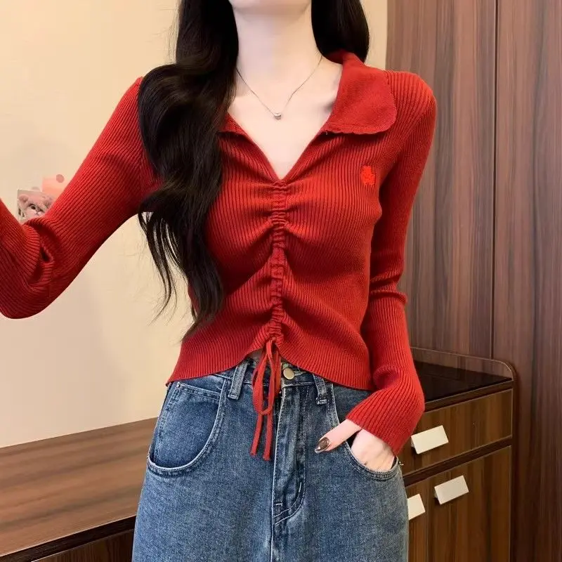 French Style Red Drawstring Long Sleeve Knit Top For Women Y2k Sexy Slim Fit Cropped Sweater Autumn Casual Streetwear