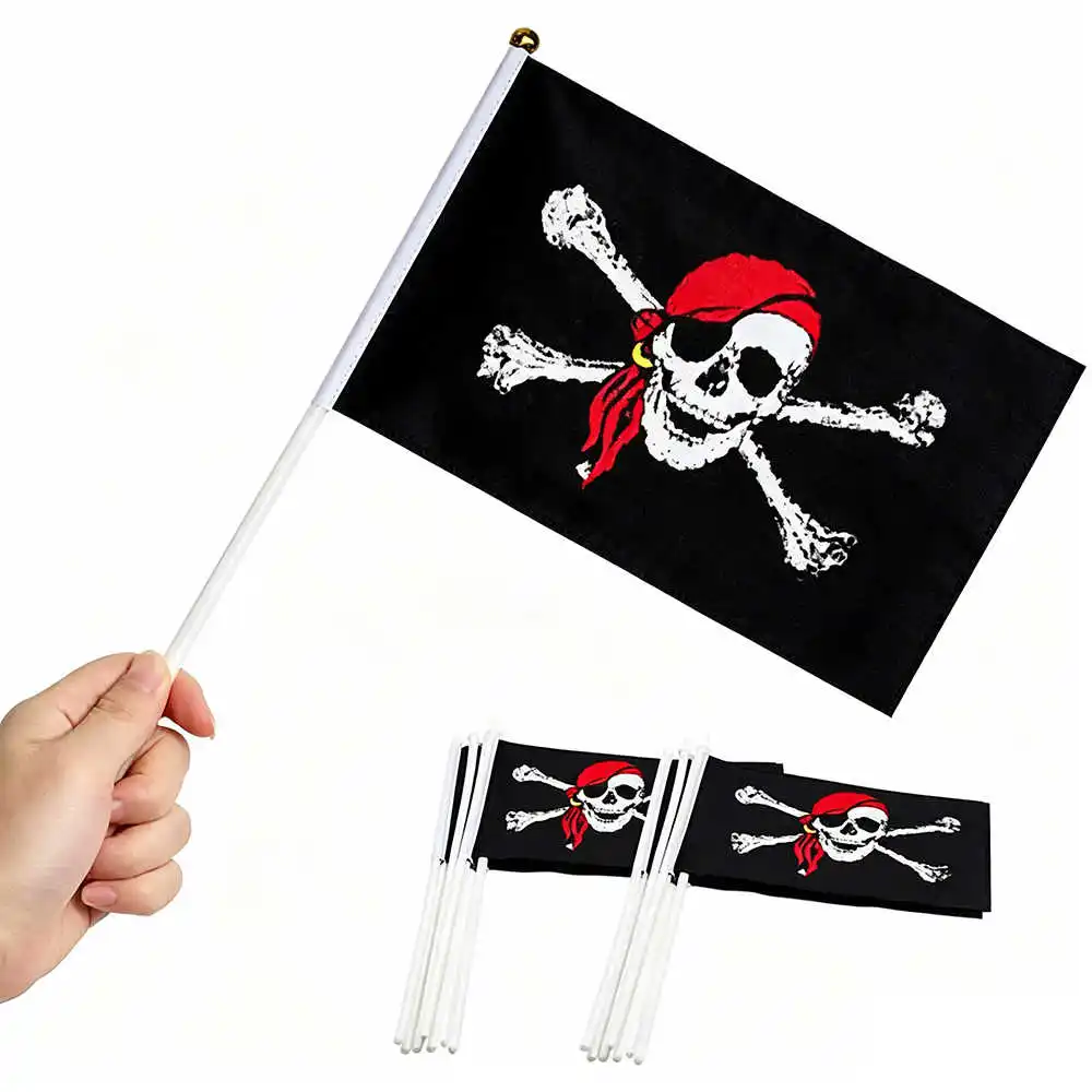 10PCS Jolly Roger Pirate Flag Skull 14x21cm Handheld Small Black Flags With Mini Stick Flagpoles For Party Halloween Decoration