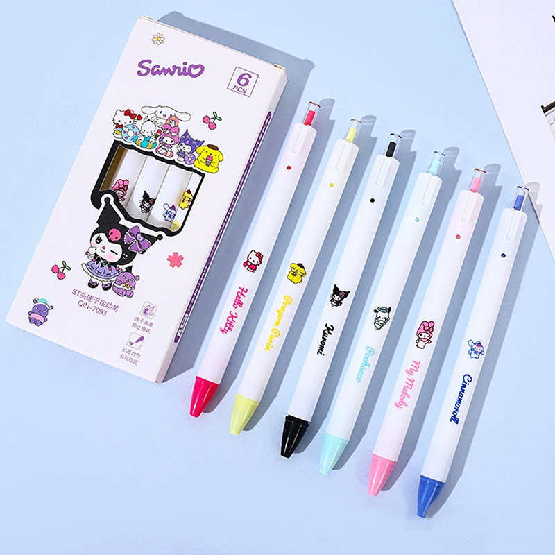 6ชิ้นปากกาการ์ตูน Kuromi น่ารัก Sanrio Hello Kitty เครื่องเขียนปากกาหมึกเจล ST แห้งเร็ว0.5มม. เติมปากกาหมึกเจล