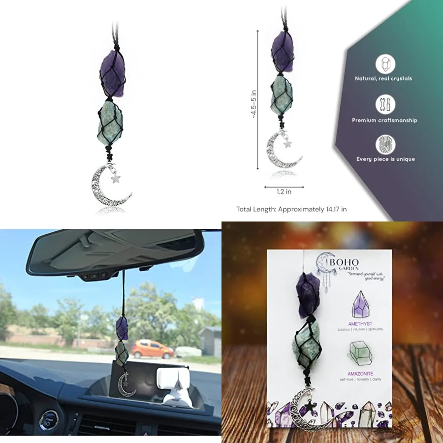 

Hanging Car Charm - Amethyst Amazonite - Dangling Moon Healing Crystal Accessories, Rearview Mirror Decorations - Balance, Intu