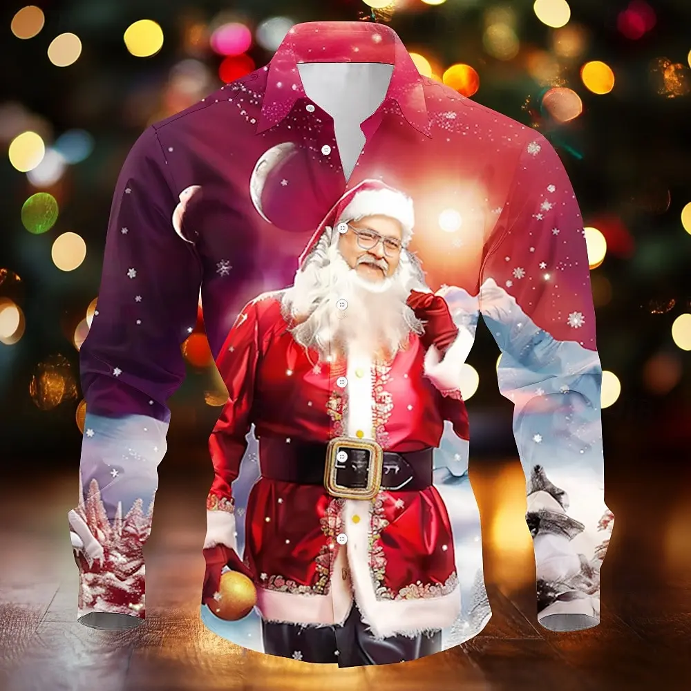Men Fashion Long Sleeve Shirt Xmas Santa Snowflake Night Scene Graphic Print New Year Gathering Festival Top