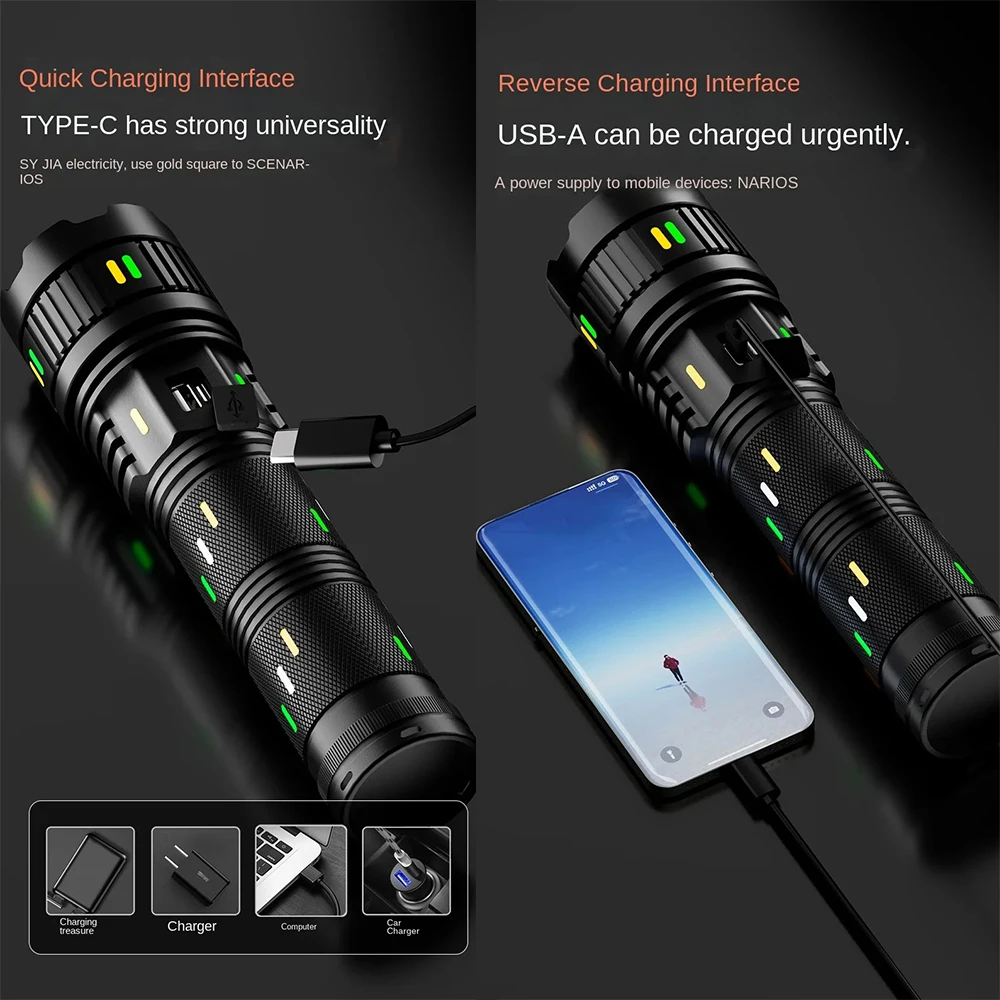 High Power LED Flashlight USB Rechargeable Powerful Lantern Long Range Tactical Torch With Luminous Strip Strong Light Lamp