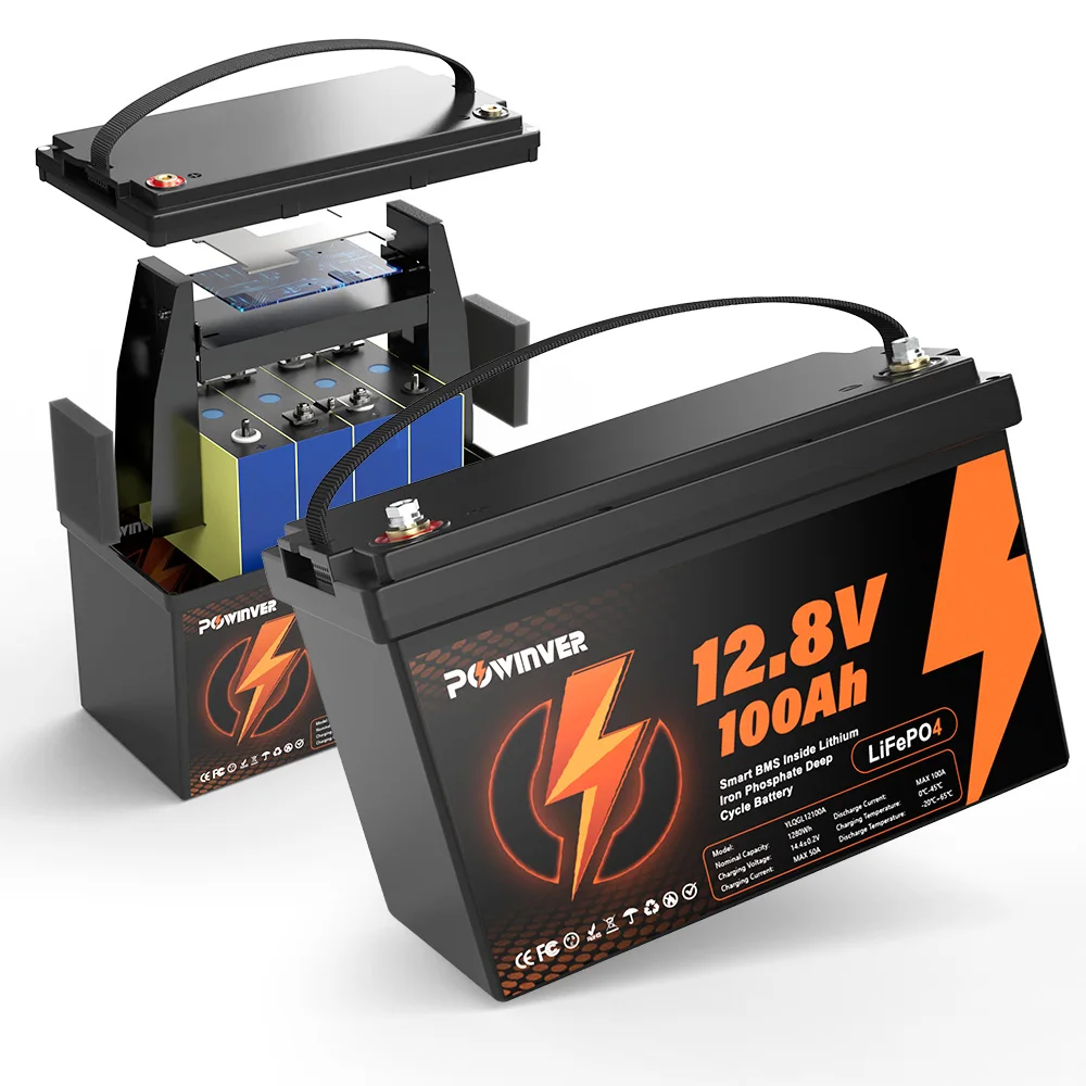 POWINVER 12,8V 100Ah LiFePO4 Lithium-Batterie mit integriertem Smart-BMS, wiederaufladbare Deep-Cycle-Batterie für Solarpanel, Wohnmobil, Boot, Wohnwagen, netzunabhängige Energiespeicherung,