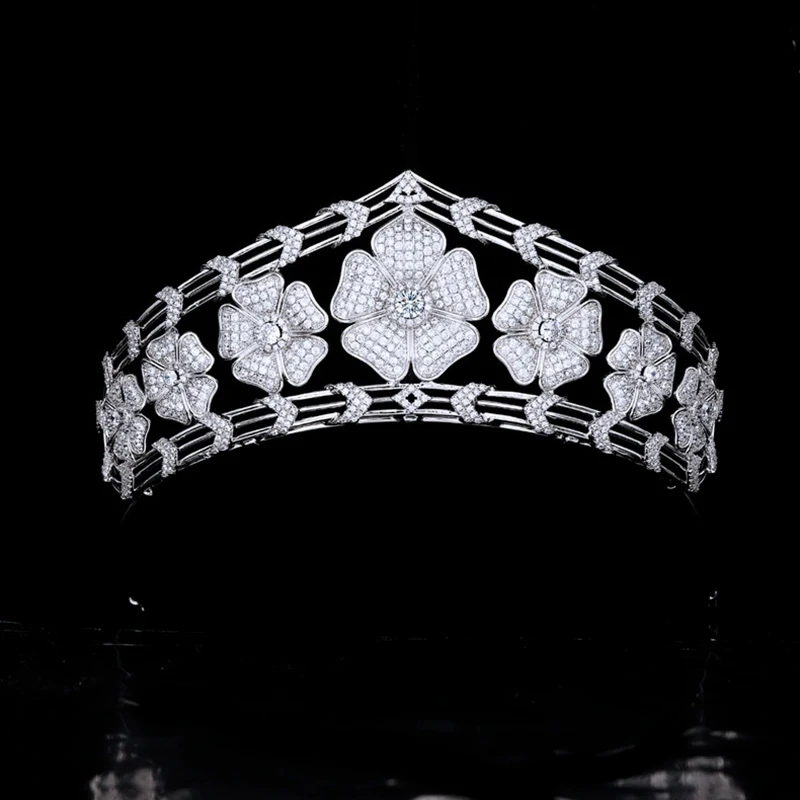 Vintage Princess Big Flower Wedding Headwear Zircon Crown Royal Bride Accessory European Style Marriage Dress Tiaras Jewelries