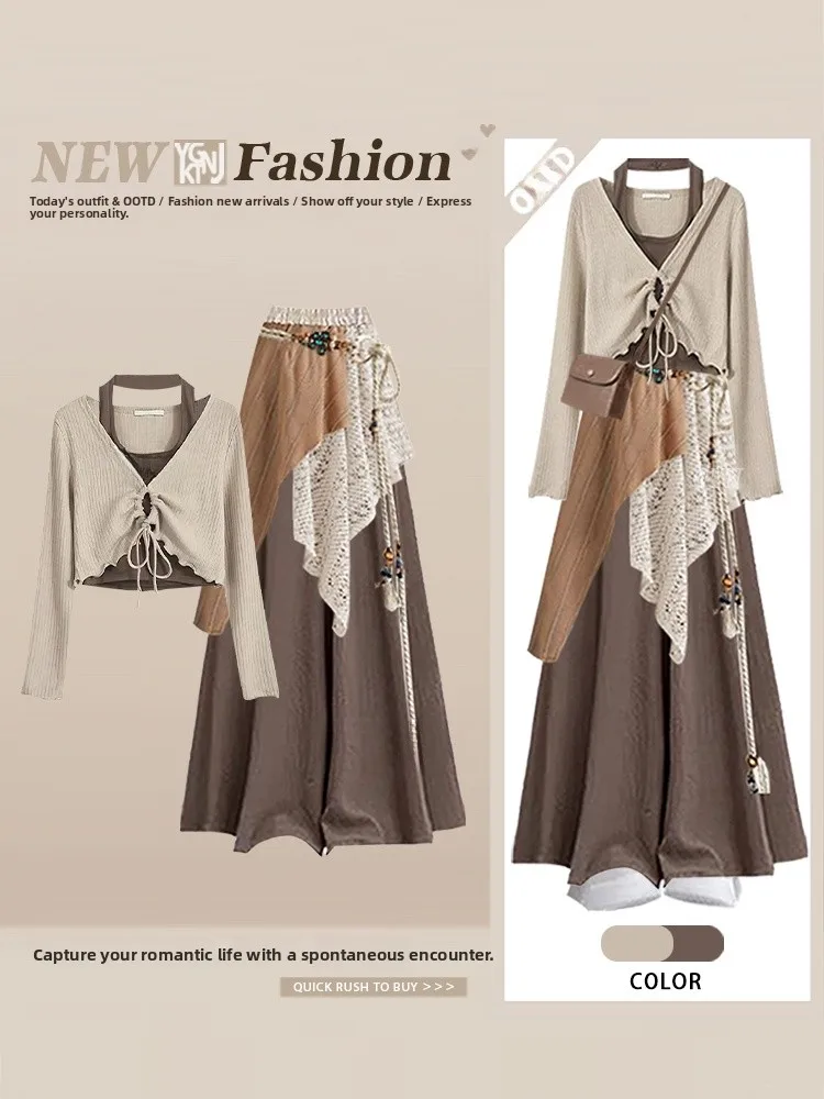 

Bohemian Style Travel Clothing Set Women's Fashion Long Sleeve Knitted Top And Skirt Pants Casual Wear for Spring Autumn