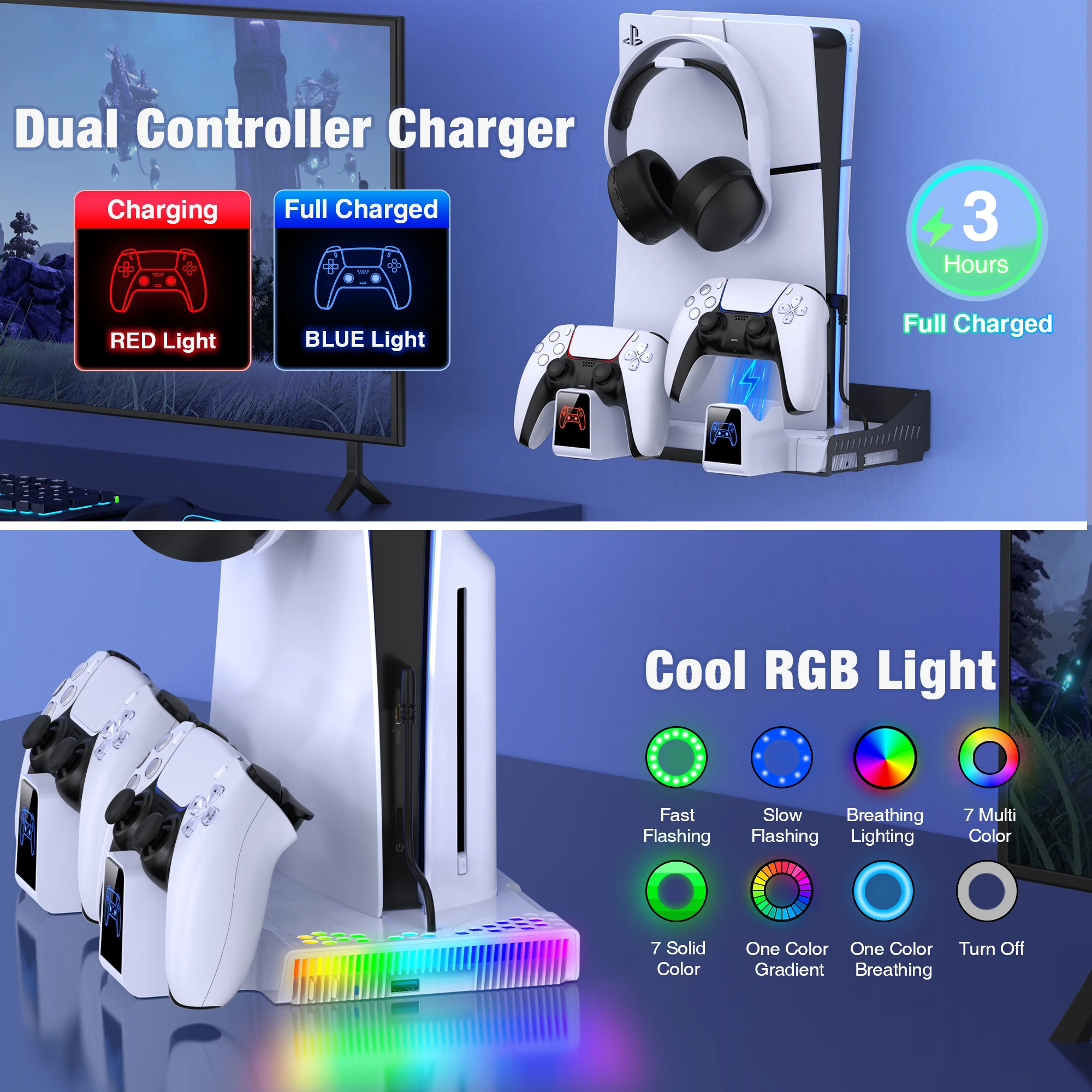DinoFire-Suporte de resfriamento RGB para PS5 Slim PS5, carregador controlador, suporte de parede, base de resfriamento para Playstation 5, Slim