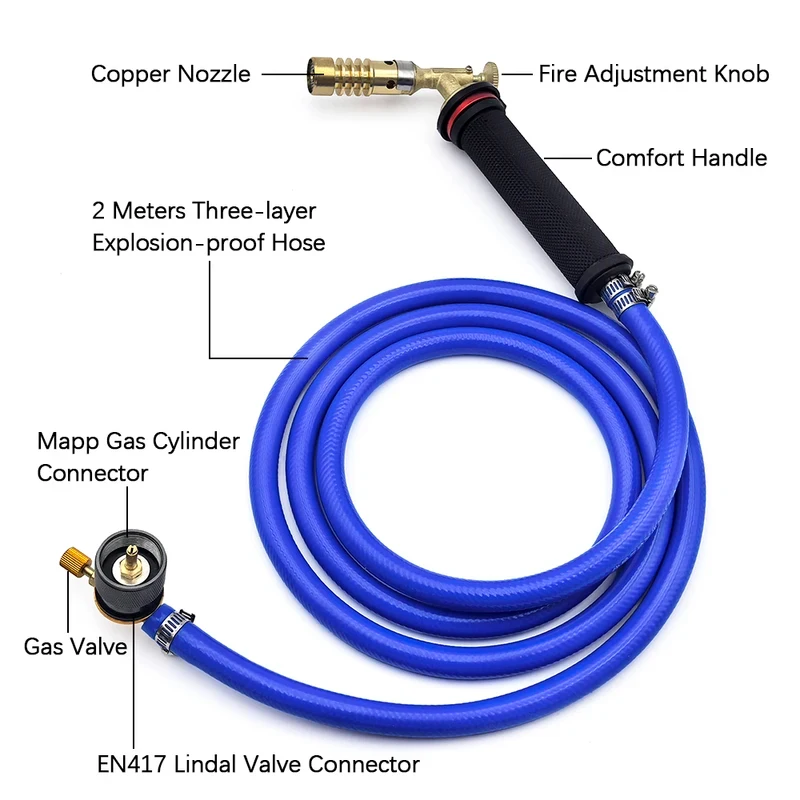 Professional 1300°C Propane MAPP Welding Torch With 2M Explosion-Proof Hose Compatible With EN417 And MAPP Gas Cylinders