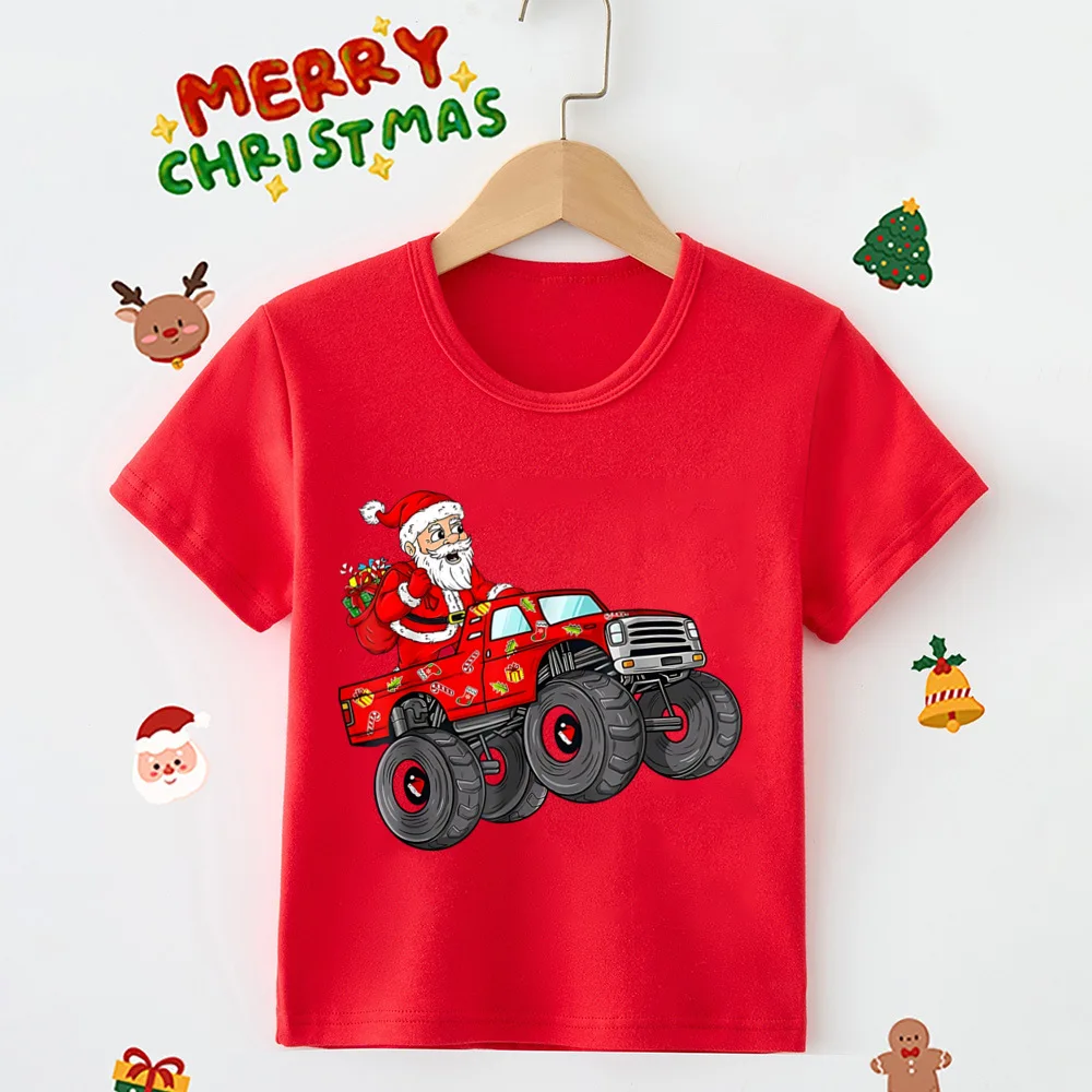 Cute Santa Claus and Truck Printed T-Shirt Children Clothing Toddler Round Neck Tops Holiday Xmas Short Sleeve Tee