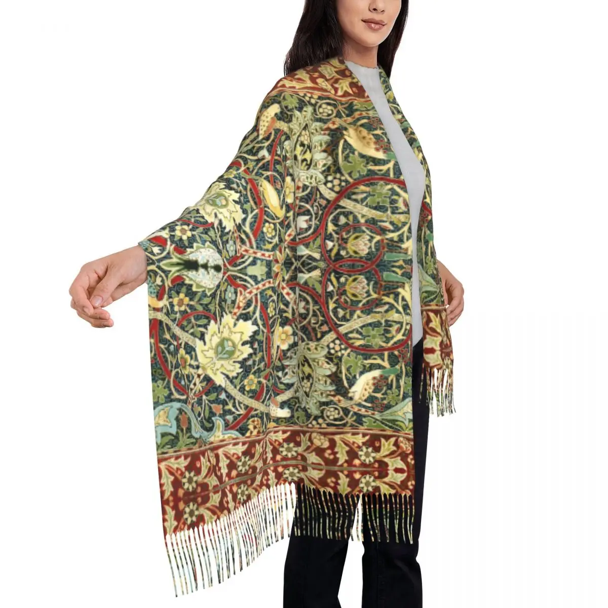 William Morris Bullerswood Antique Rug Print Tassel Scarf Women Soft Shawls Wraps Female Winter Scarves