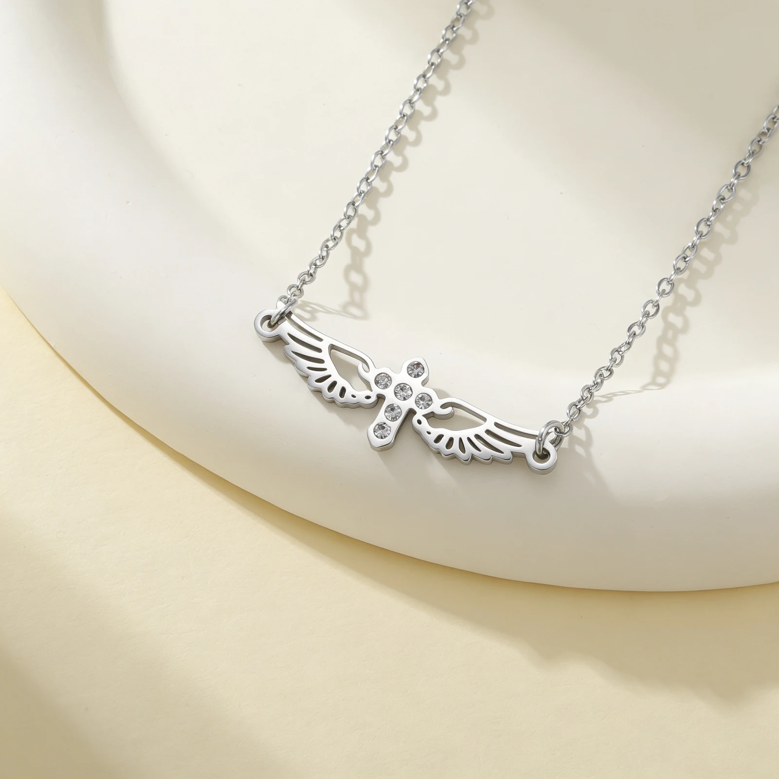 Angel Wing Cross Zircon Necklace For Women Stainless Steel Dainty Sideways Cross Choker Gothic Punk Faith Protection Religious