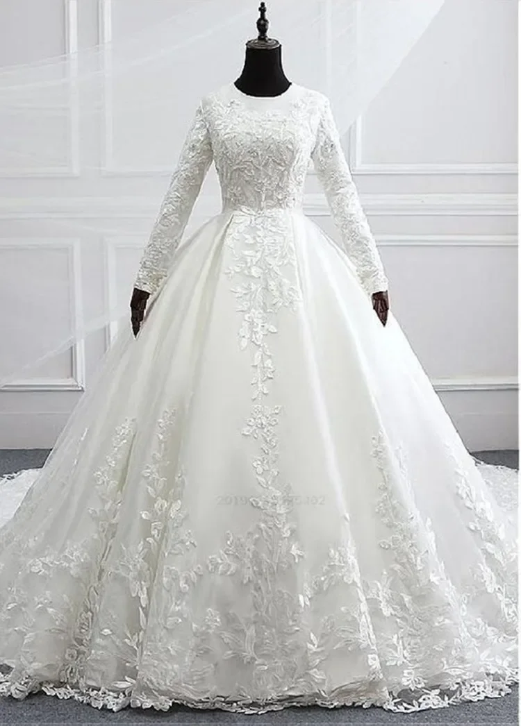 Customized Wonderful O-Neck Lace Ballgown Wedding Dress Chapel Train Full Sleeves Vestido De Casamento Real Photo Bridal Gown