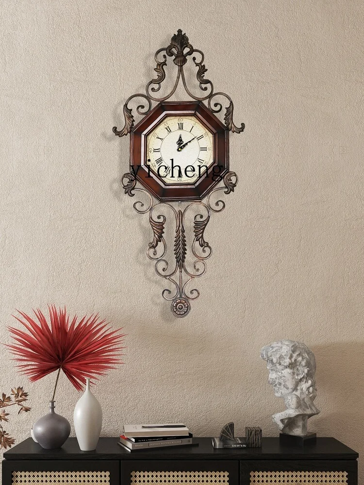 BB  solid wood retro American wall clock creative clock wrought iron silent living room decoration