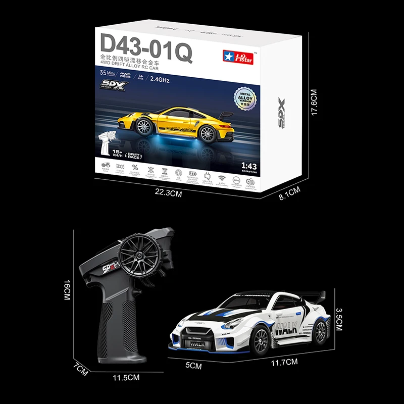 

1:43 RC 4wd Drift Alloy Car With Gyro Alloy Remote Control Car Toy Gift For Children Boys Christmas Halloween Gifts