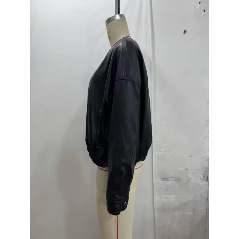 Women New Black Faux Leather New Jacket Crew Neck Zip Front Stitched Seam Pocket Elastic Ruched Hem Cropped Streetwear Moto Coat