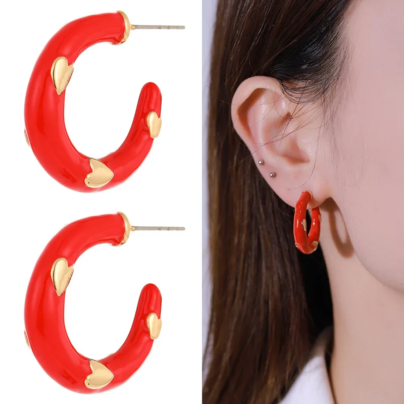 Joy color drip enamel SS2022 summer HOOP personalized earrings women's, metal peach heart earrings