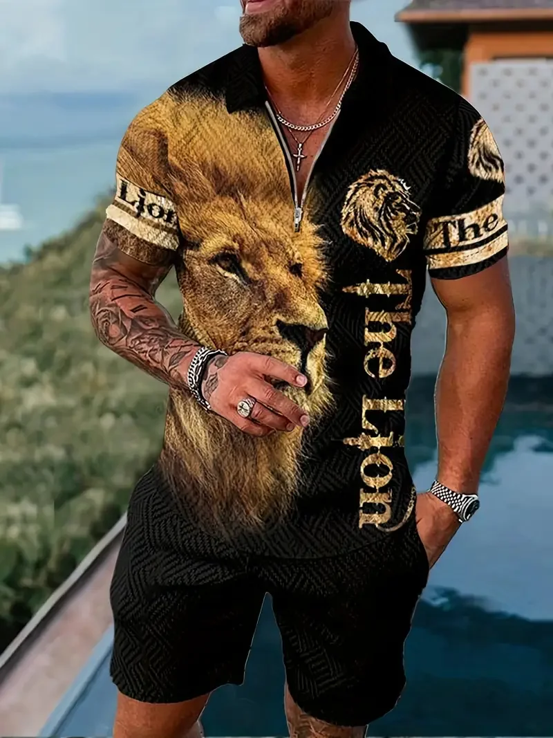 Tiger Print Men's Polo Shirts Suit 2025 Summer 2 Pcs Set Tracksuit Casual Outfit Male Polo Shirt Set Streetwear Clothing