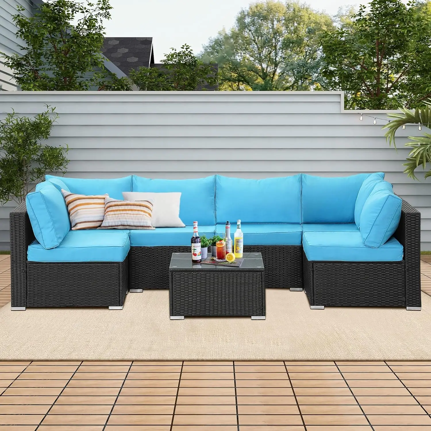 7-Piece Patio Furniture Set, All Weather Outdoor Wicker Conversation Set w/Cushions & Tempered Glass Desktop, Sectional Sofa Set