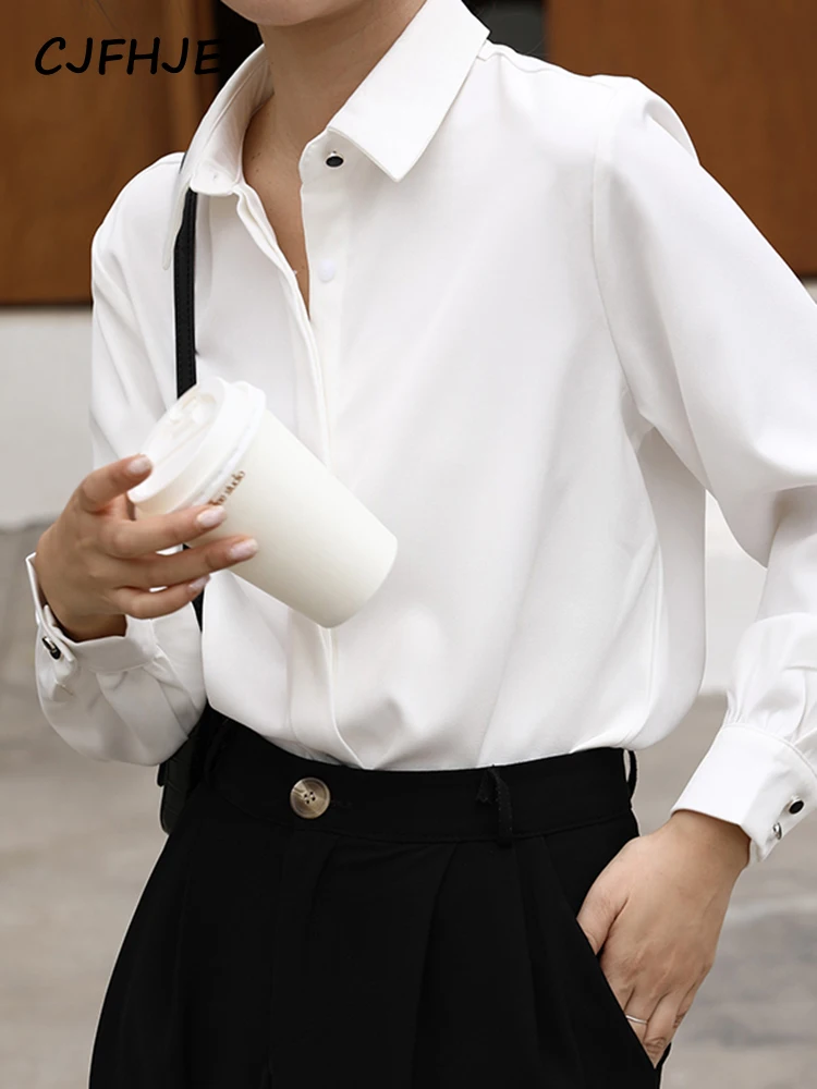 CJFHJE OL Style Formal Women Shirts White Turn-Down Collar Tops Elegant Workwear Female Blouse Single-Breasted Long Sleeve Shirt