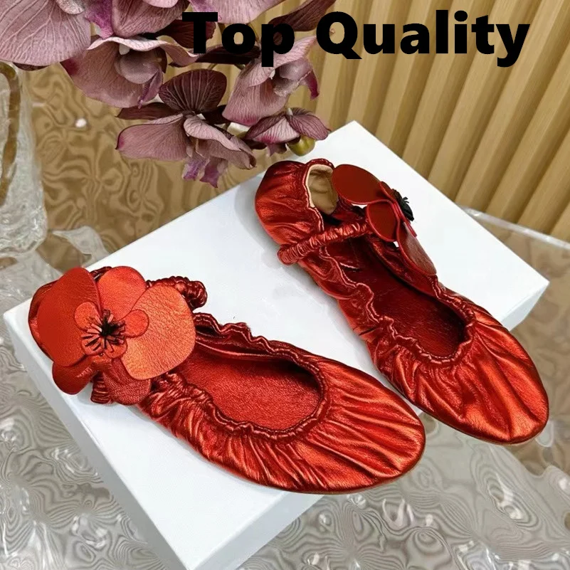 

2024 Women's Flat Shoes Flower Decoration Ballet casual shoes Round Toe Slip Genuine leather material arty Shoes