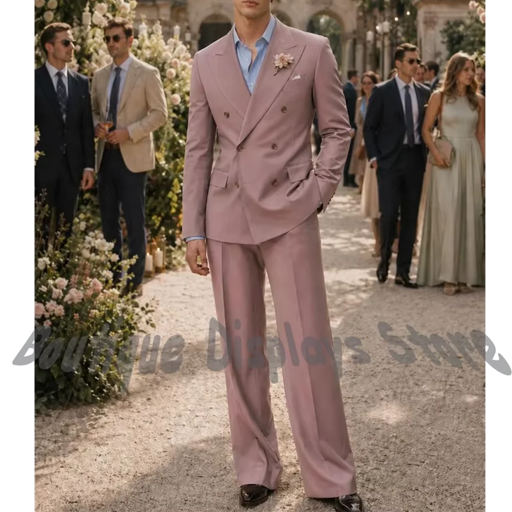 

Dusty Pink Men Suit 2 Pieces Business Casual Double Breasted Peak Lapel Banquet Party Elegant Groom Tuxedo Luxury Outfit