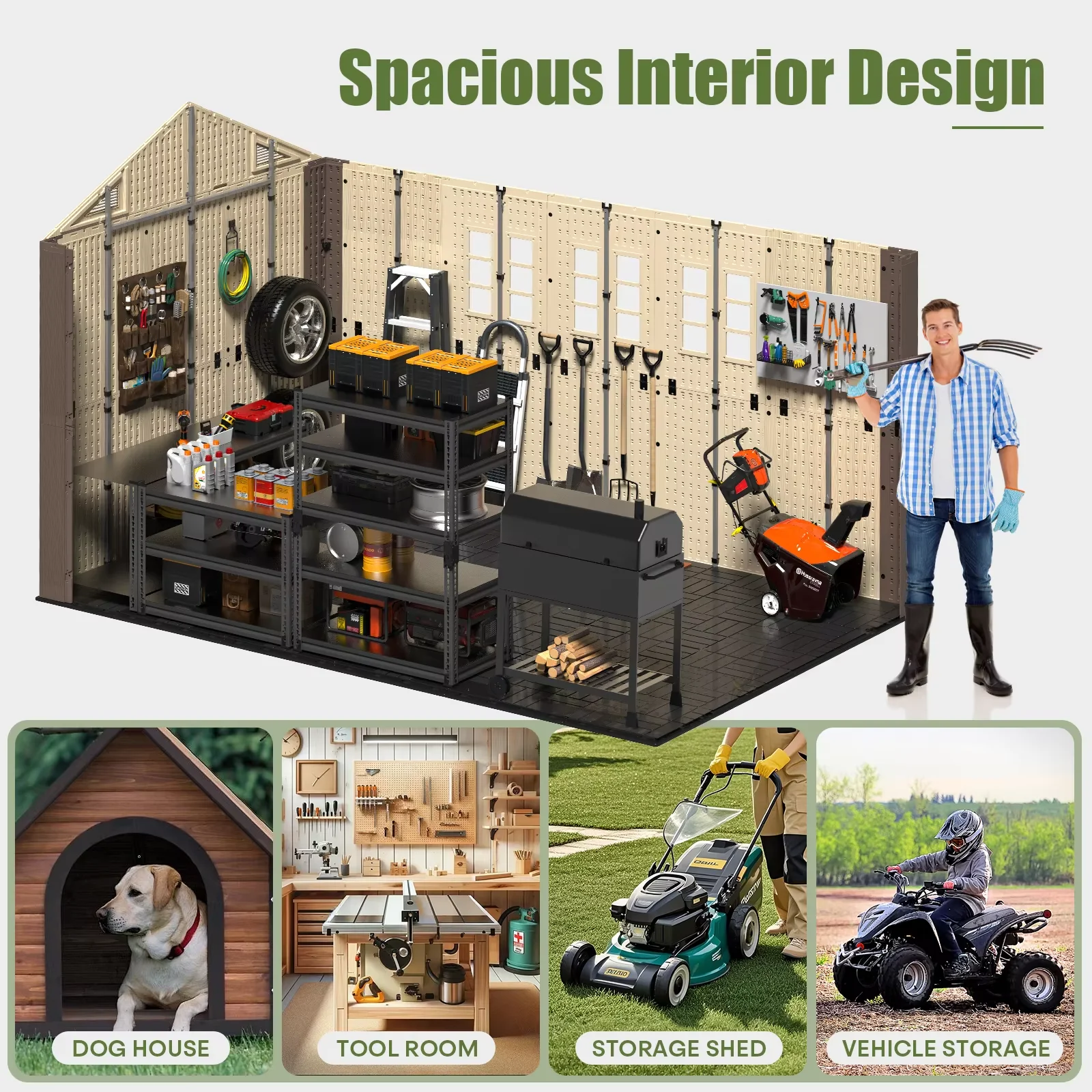 8 x 12フィートの樹脂製屋外収納庫、頑丈なスチールフレー - Heavy Equipment Storage Yard のレビューと価格