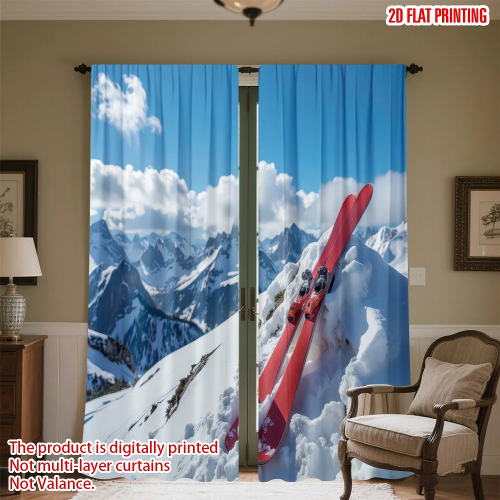 

2D flat printing 2pcs Scene Curtains Red Skis on Snowy Mountains Digital Printed Polyester Drapes Festive Curtains Use for