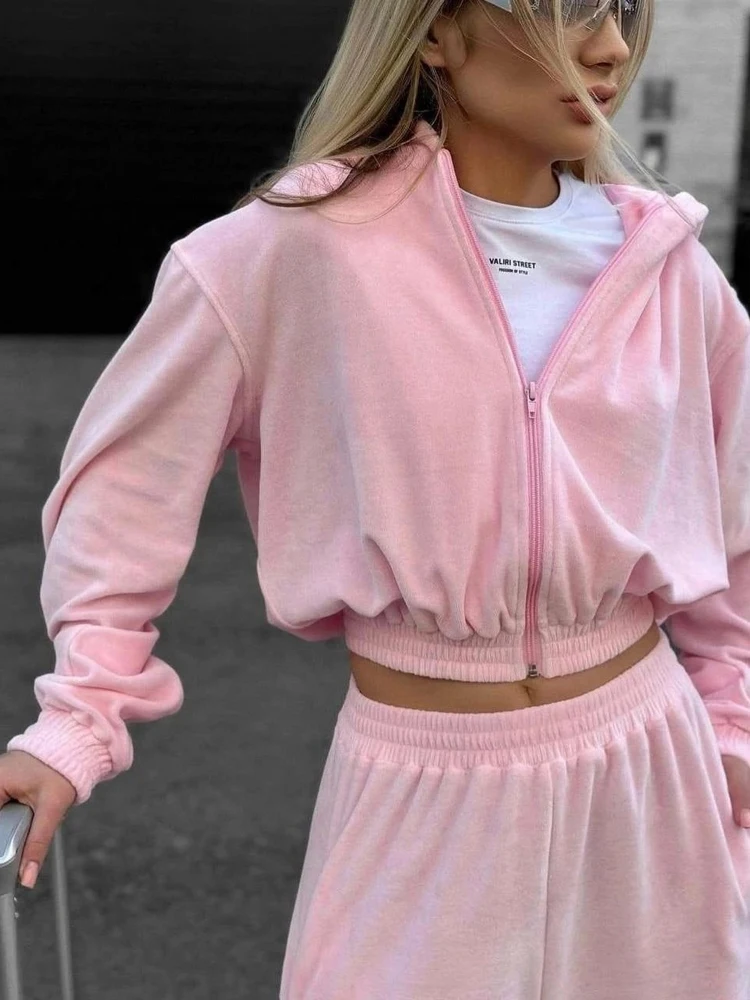 FSMG Fashion Zipper Hoodies Pants 2-Piece Set Ladies Outdoor Sports Leisure Fitness Set Loose Plush Warm Sweatshirt Sweatpants